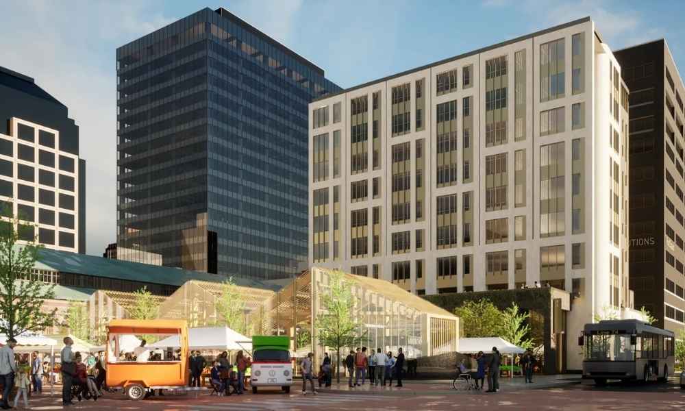 Indianapolis 5M City Market Redevelopment - ALTA SURVEY Indiana Rendering of the 5M City Market Redevelopment in downtown Indianapolis, showing new residential buildings, a modern event pavilion, and pedestrian-friendly public space.
