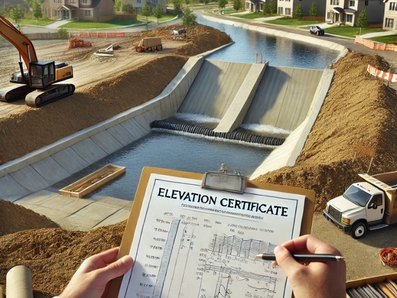 elevation certificates - ALTA SURVEY Indiana Civil engineer holding an elevation certificate while inspecting a retention pond under construction in Indianapolis, IN, with visible slopes and overflow structure.