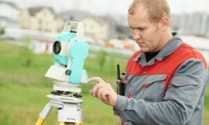 Surveyor using equipment while conducting a home survey to measure property boundaries
