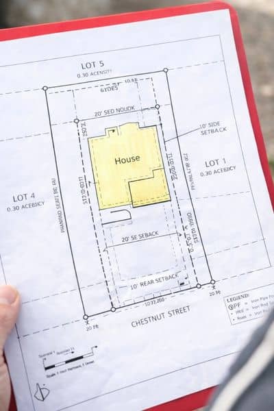 Survey map showing property boundaries and building setbacks from a lot survey used for construction planning
