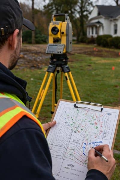 Topographic survey map showing contour lines and elevation changes used to analyze drainage and land slope after a storm
