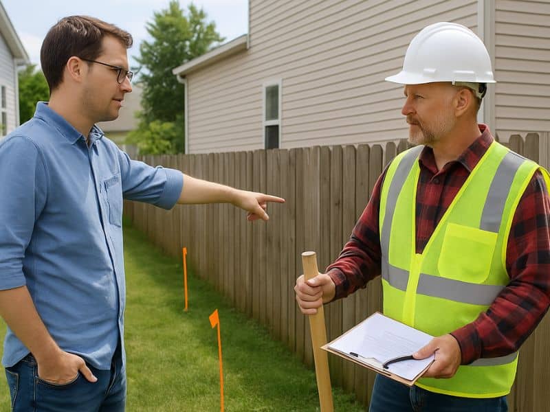 property line survey IN - ALTA SURVEY Indiana A homeowner meets with a land surveyor to perform a property line survey before building a fence, ensuring accurate boundary placement.