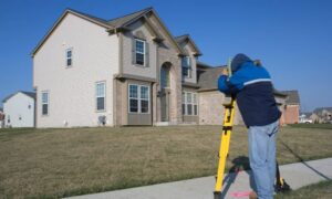 Licensed surveyor marking property boundaries during a mortgage survey in Indianapolis in front of a residential home
