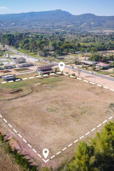 Drone surveying aerial view showing property boundaries marked on land

