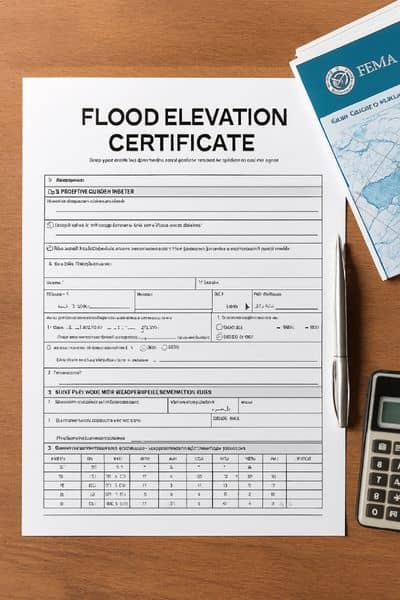 Flood elevation certificate mortgage closing - ALTA SURVEY Indiana Close-up of a flood elevation certificate with FEMA map, pen, and calculator used to verify property elevation for mortgage closing