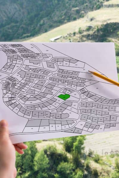 Alta survey map review on site - ALTA SURVEY Indiana Land surveyor reviewing an alta survey map on site to confirm property boundaries and land layout after extreme weather