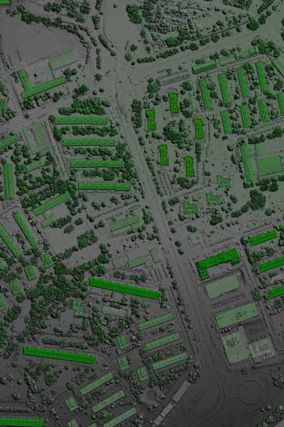 LiDAR point cloud site model used with aerial survey drones to review terrain and building features