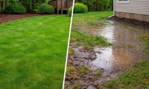 Backyard drainage after heavy rain comparison - ALTA SURVEY Indiana Residential yard showing water pooling and uneven ground after a storm, highlighting the importance of a topographic survey