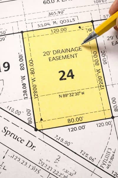 Close-up of a plat map showing lot dimensions and boundary lines used during a property line survey to confirm exact measurements