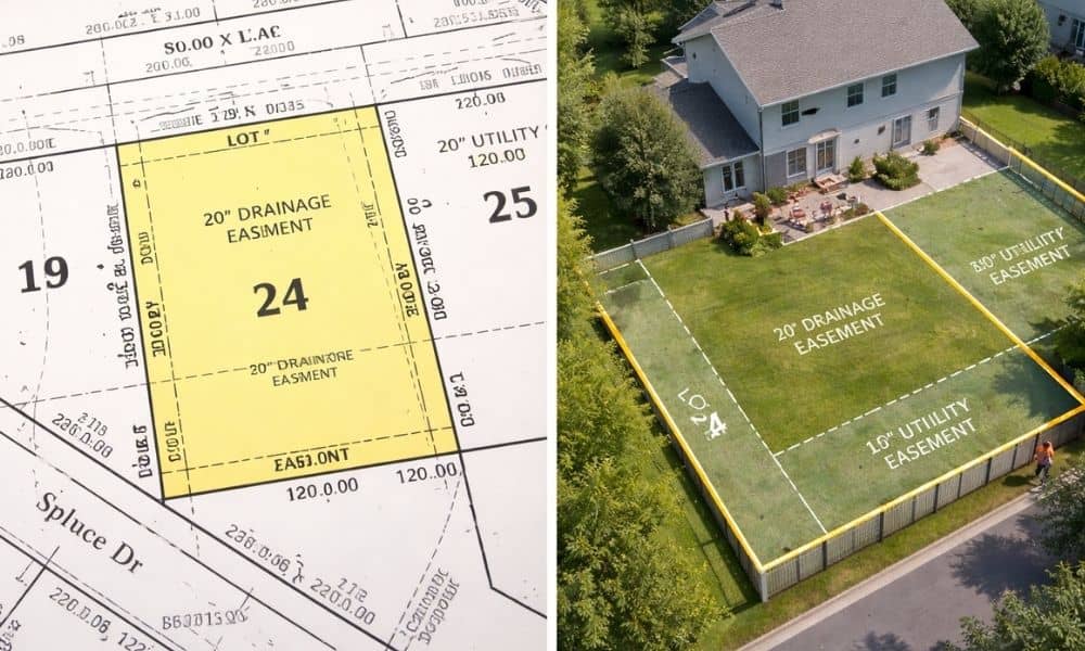Side by side view of a subdivision plat map and a residential property showing how a property line survey confirms boundary lines on the ground