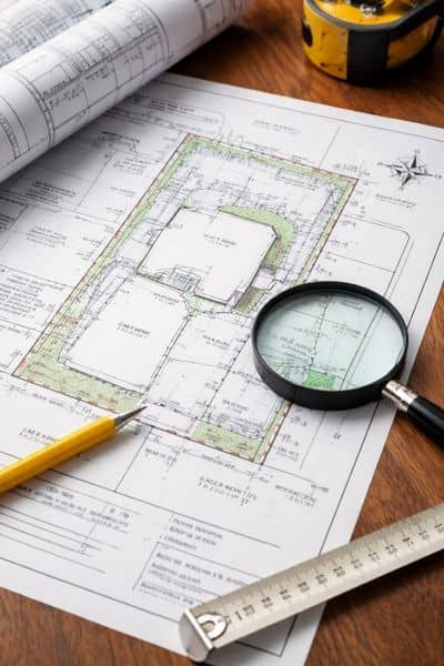 Detailed map from a home survey showing property boundaries, measurements, and structures on a residential lot
