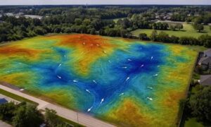 Aerial view of a residential lot after heavy rain showing uneven ground and areas where water has collected across the site
