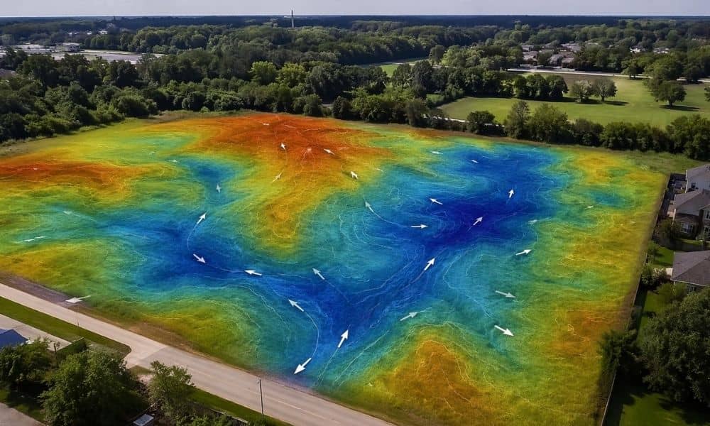Aerial view of a residential lot after heavy rain showing uneven ground and areas where water has collected across the site