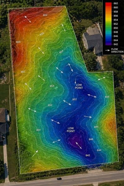 Portrait view of a property showing a color-coded elevation map with high and low areas highlighted across the land