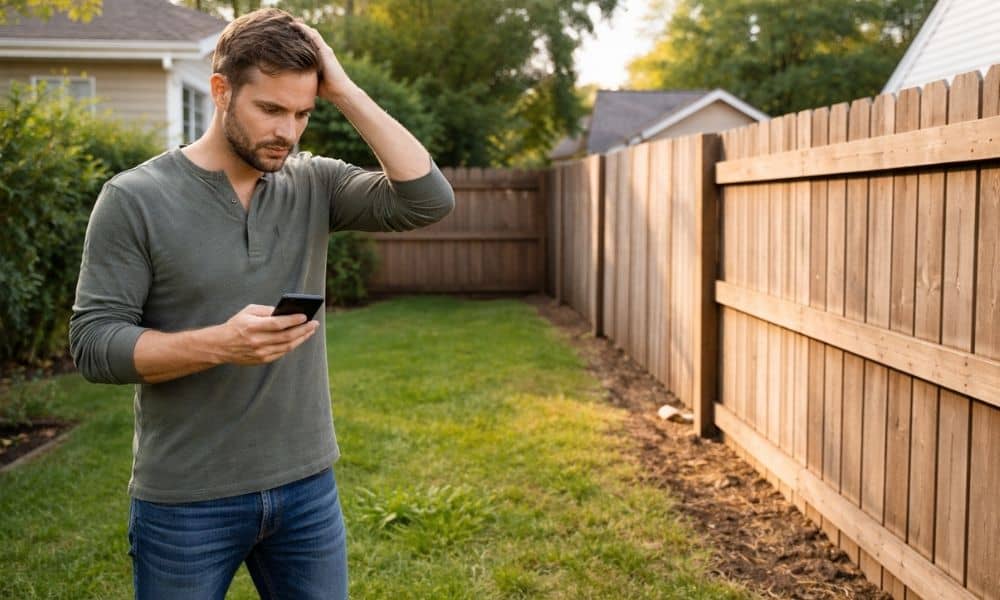 Homeowner checking fence line in backyard before searching for surveyors near me