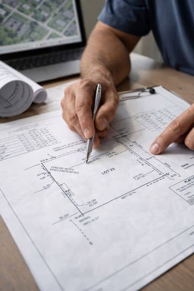 Property survey map review measurements drawing - ALTA SURVEY Indiana Surveyor reviewing a detailed property map with measurements during a boundary survey