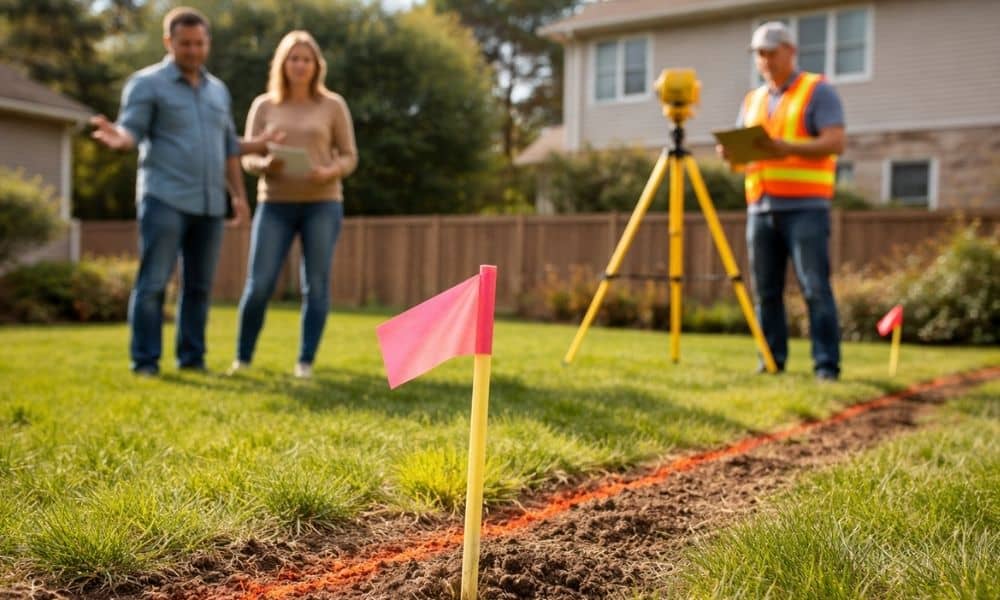 Residential property boundary markers survey stakes land - ALTA SURVEY Indiana Surveyor marking property lines with stakes during a boundary survey on a residential lot