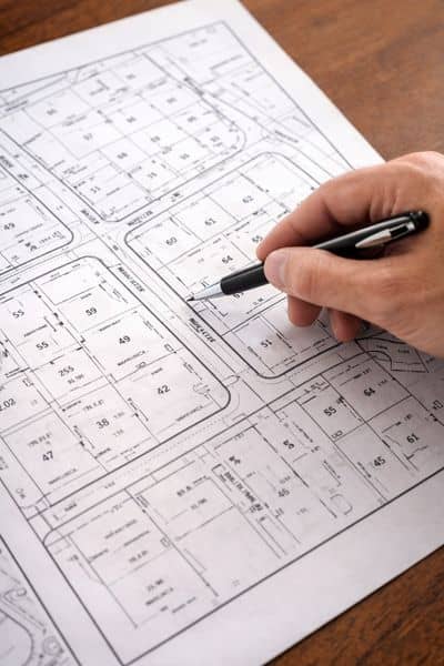 Subdivision plat map showing property lot lines and layout used by surveyors near me