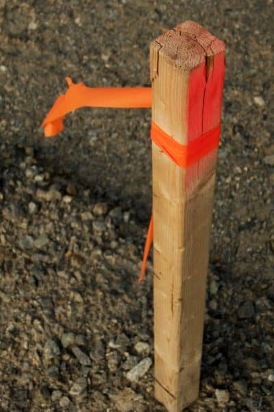 Wooden survey stake with bright orange tape marking a property boundary line in the ground