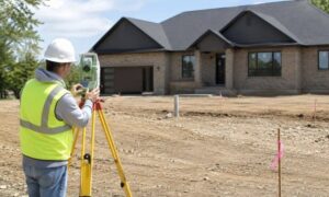 Licensed land surveyor reviewing a newly completed construction site with survey equipment during an as-built survey inspection