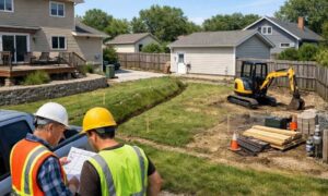 Contractors reviewing a plat of survey while planning residential construction before breaking ground