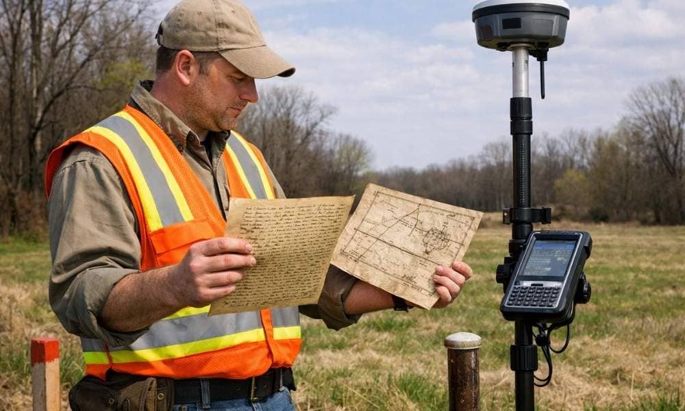 Licensed land surveyor reviewing historic property records and a plat map while using GPS surveying equipment