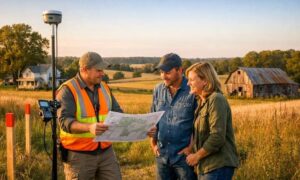 Licensed cadastral surveyor reviewing a property survey with family members on inherited farmland during an estate transfer