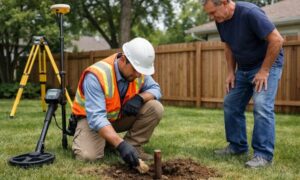 A surveyor uncovers missing property line markers in a residential yard while a homeowner watches nearby