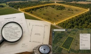 Aerial view of vacant rural land with property boundary lines, survey records, and parcel mapping used to locate property boundaries