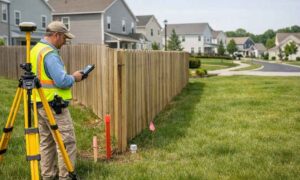 Surveyor for fence checking property boundaries near a residential fence in an Indianapolis neighborhood