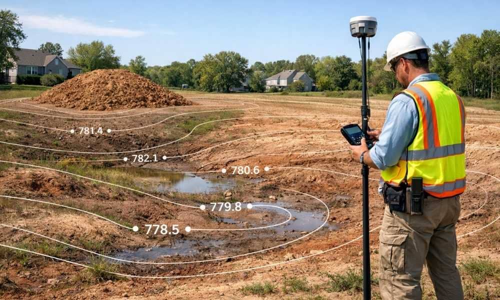 Licensed land surveyor performing a topographic survey before adding fill dirt to map elevations and drainage patterns for a residential grading project