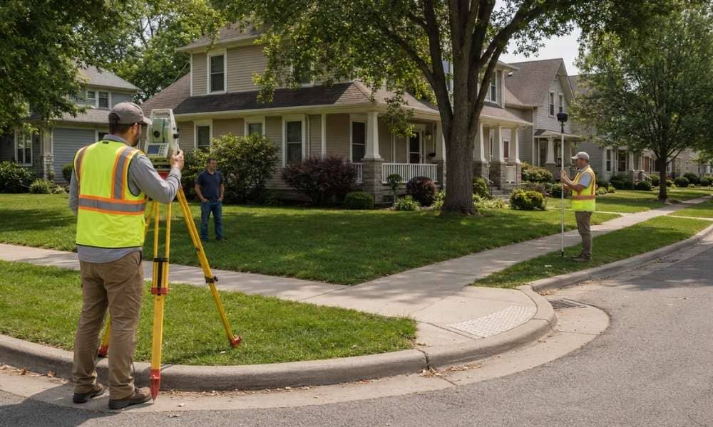 Surveyors complete a residential land survey on a corner lot in Indianapolis