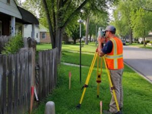 Licensed surveyor using modern equipment to verify property boundaries in Indianapolis Indiana